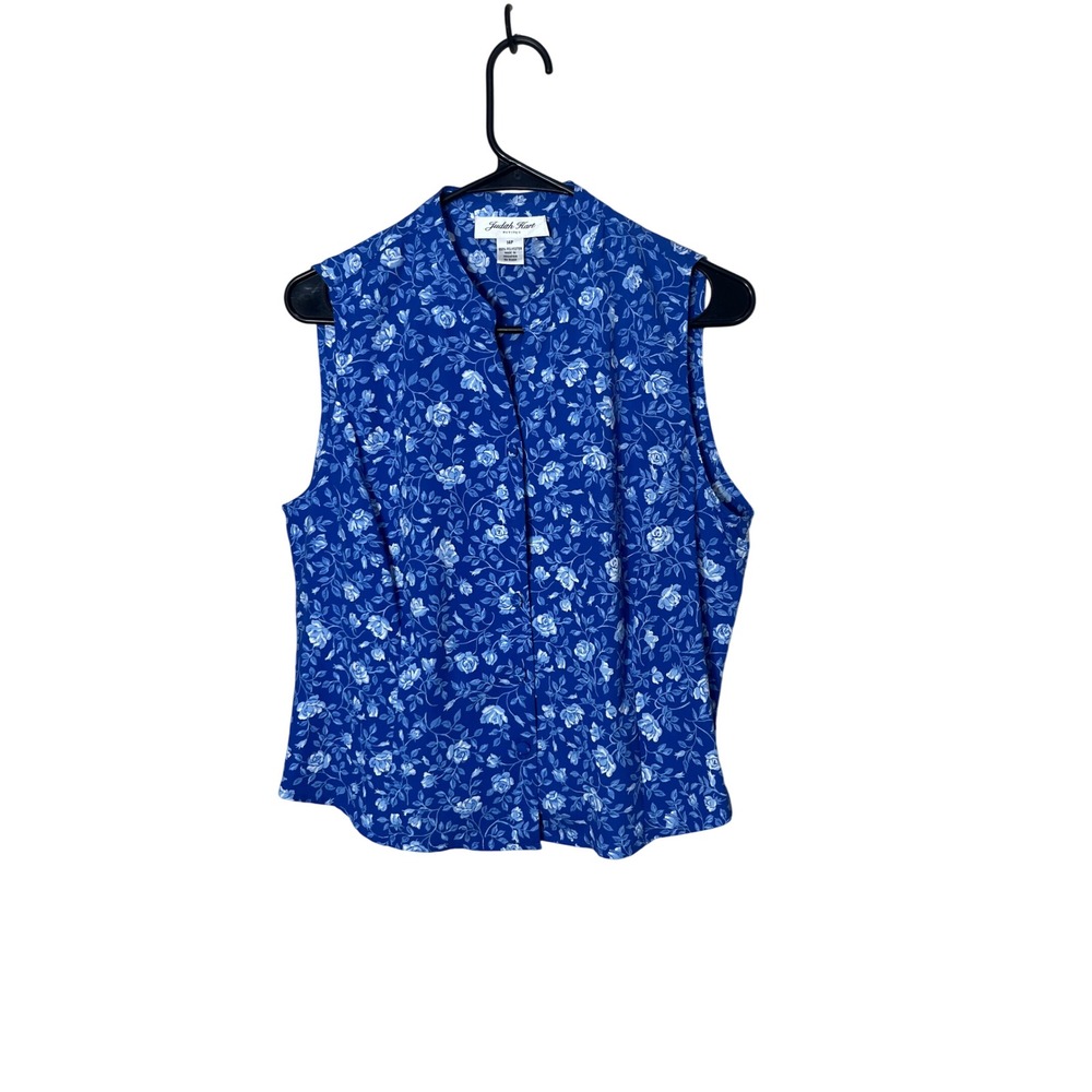 Vintage Judith Hart Blue Floral Sleeveless Button Up Blouse Women's Size 14P